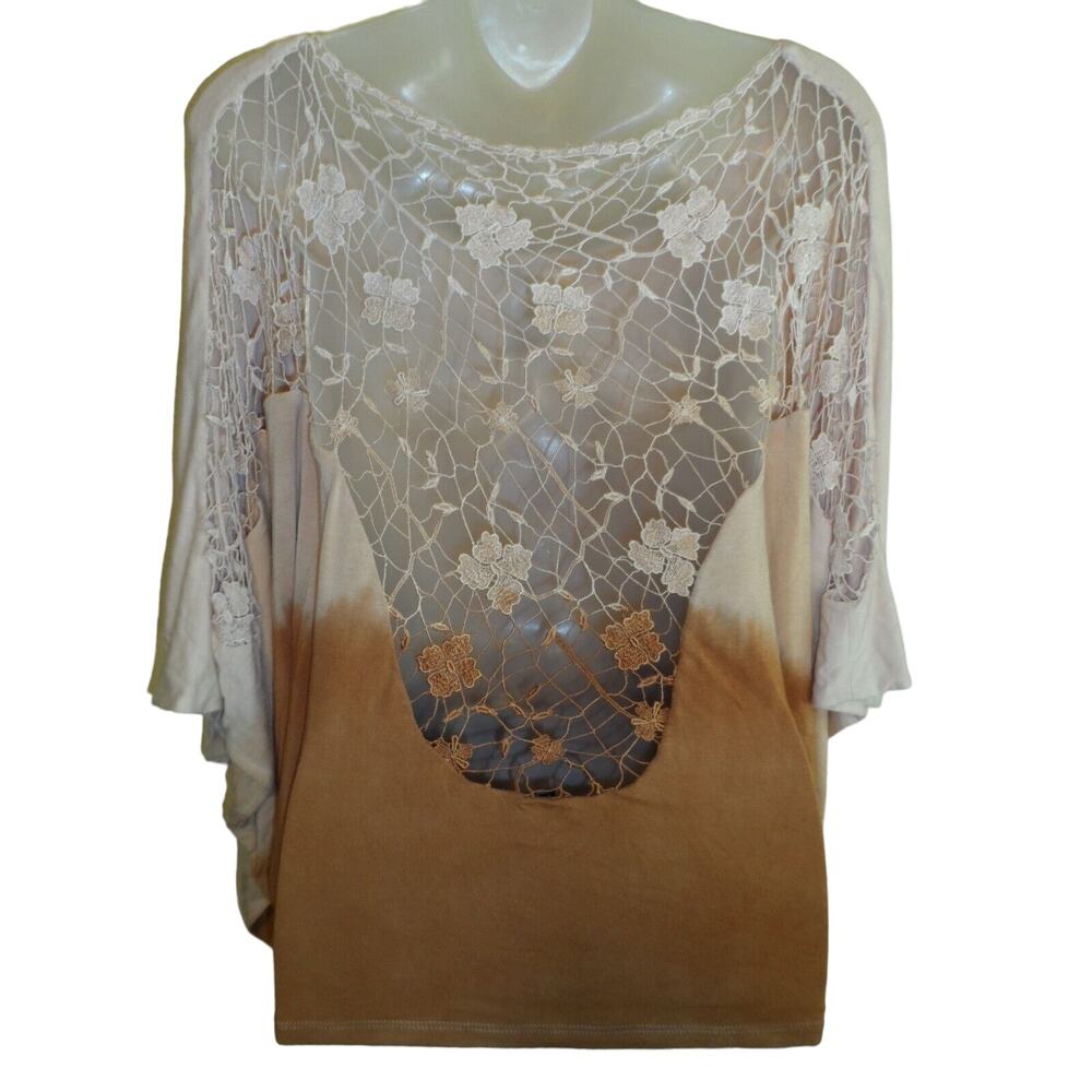 Sky Clothing Brand M Top Floral Knit Crochet Lace Back Ombre Tan Nude Beige Y2K